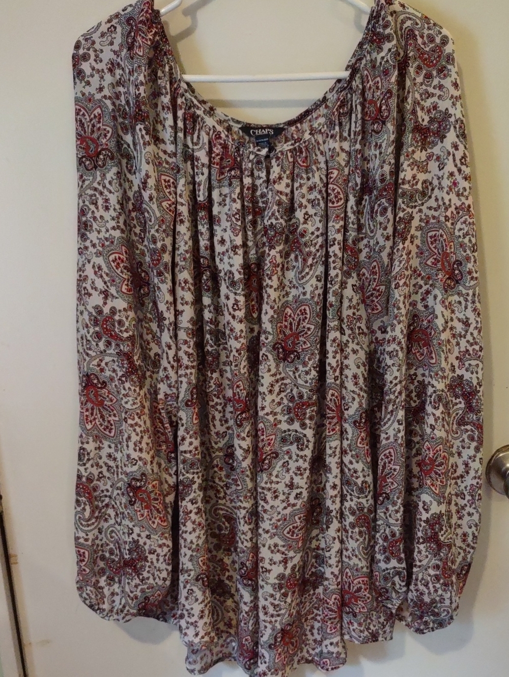 Chaps Cream Paisley Long Sleeve Top with Red and Brown Motif